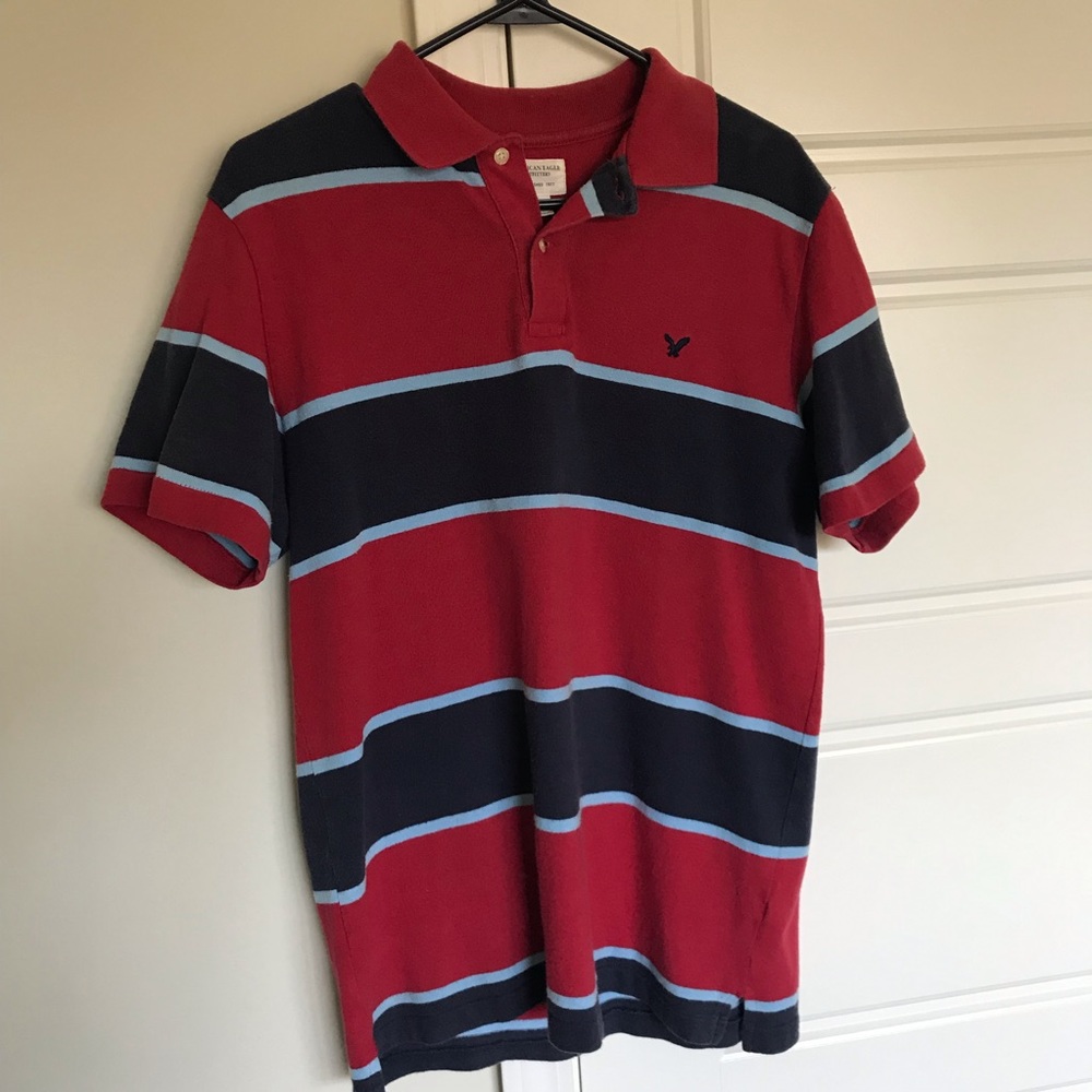 American Eagle red/navy with light blue strip polo